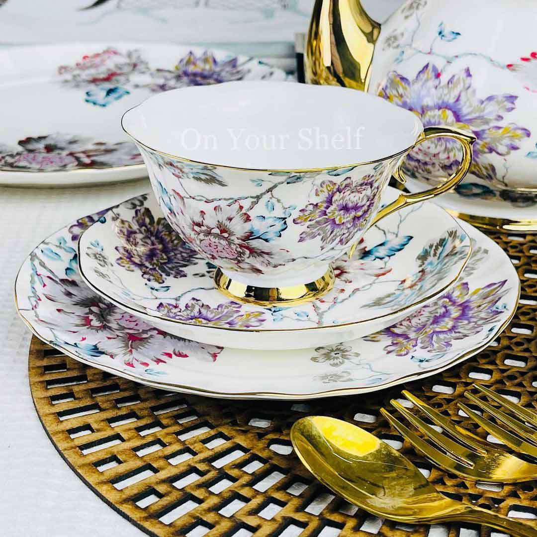 24 Piece Tea Set - Secret Garden Wild Love Purple &amp; Blue