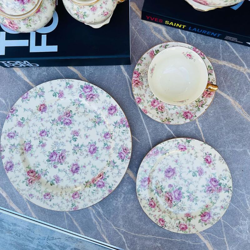 24 piece Tea Set Cream Floral Garden