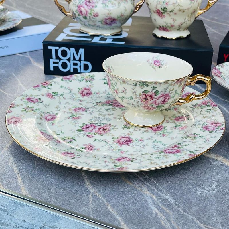 24 Piece Tea Set Cream Pink Rose