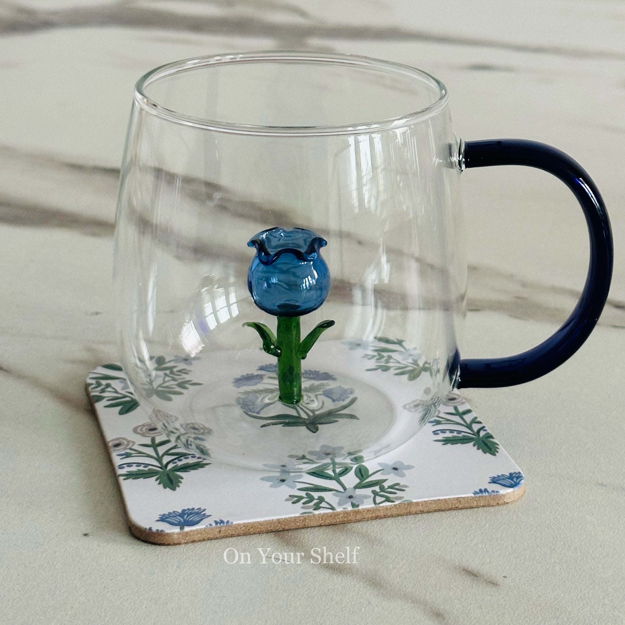 Little Blue Tulip Glass Mug (Set Of Six)