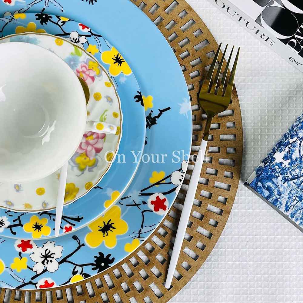 Sky Blue With Yellow Floral 18 Piece Plate Set