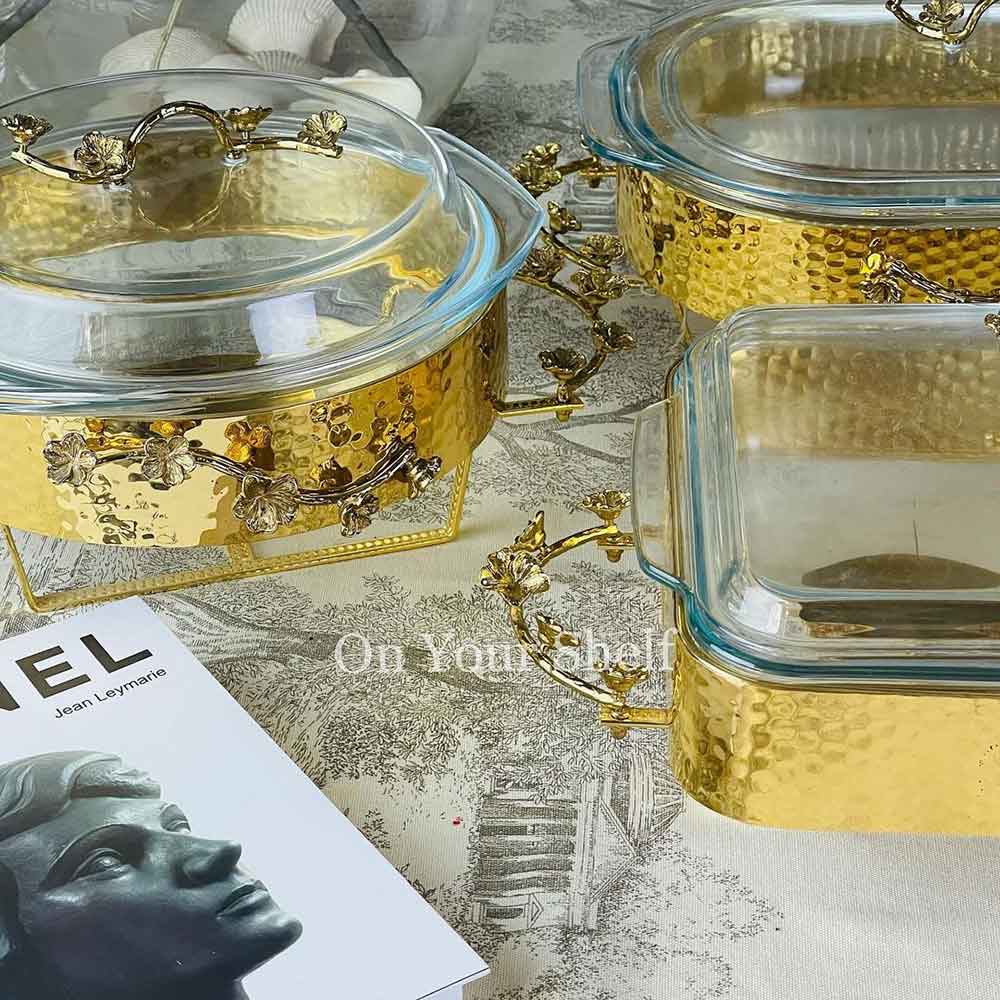 Orchid Royal Serving Glass Dishes-Round Burner/Gold - ll