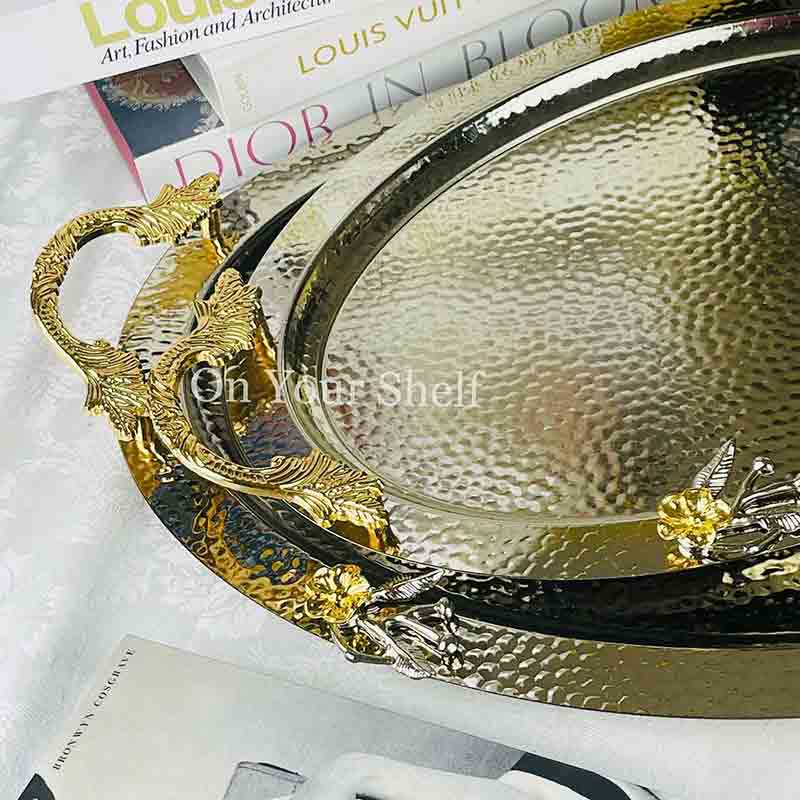 Turkish Tray Set Embossed Round - Silver (Pair)