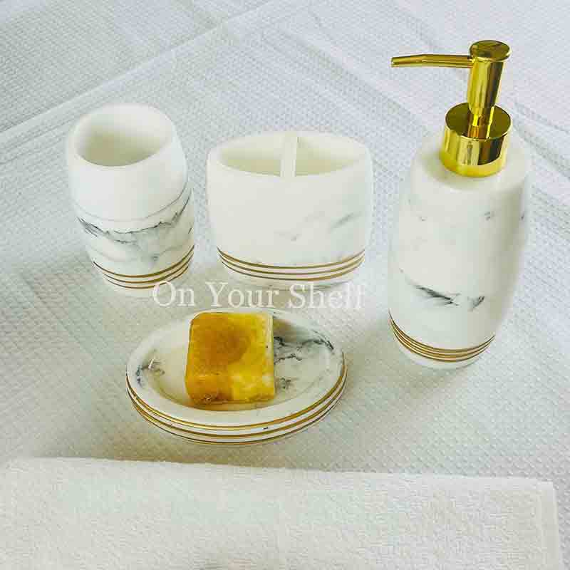 Bath Set White Marble - Gold Band