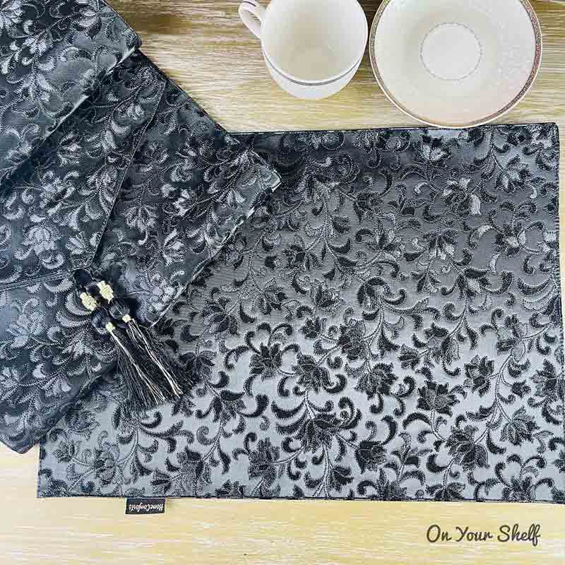 Mats Leatherette Black Floral set of 6