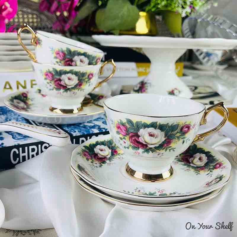 Secret Garden Tea Cups &amp; Saucers-White &amp; Pink Roses