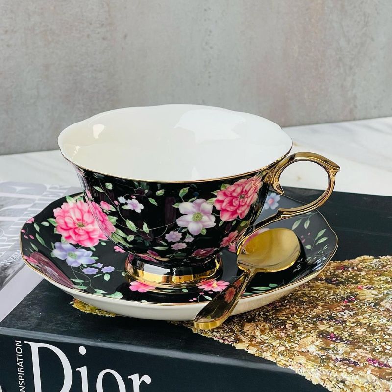 Midnight Tea Set 24 Piece Tea Set Midnight Bloom Gold Handle