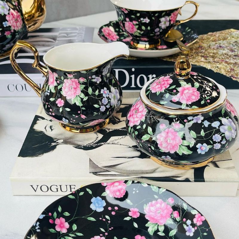 24 Piece Tea Set Midnight Bloom Gold Handle