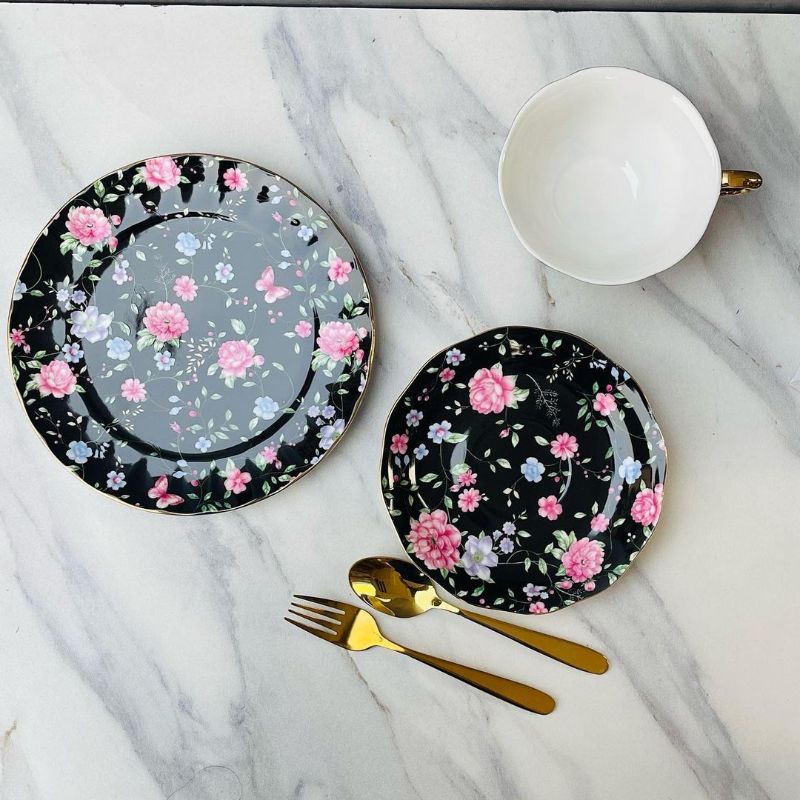 Midnight Tea Set 24 Piece Tea Set Midnight Bloom Gold Handle