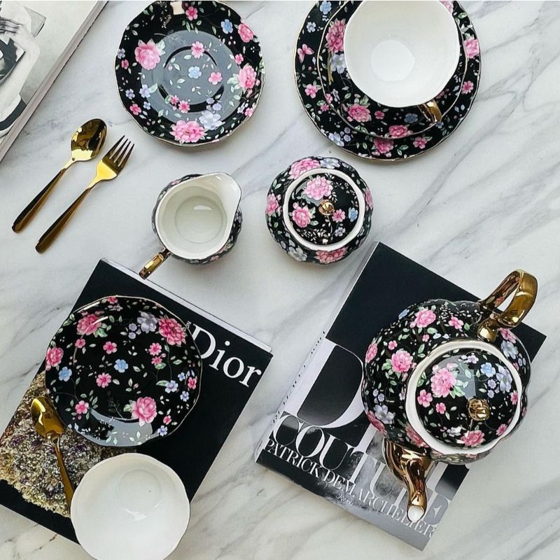 Midnight Tea Set 24 Piece Tea Set Midnight Bloom Gold Handle