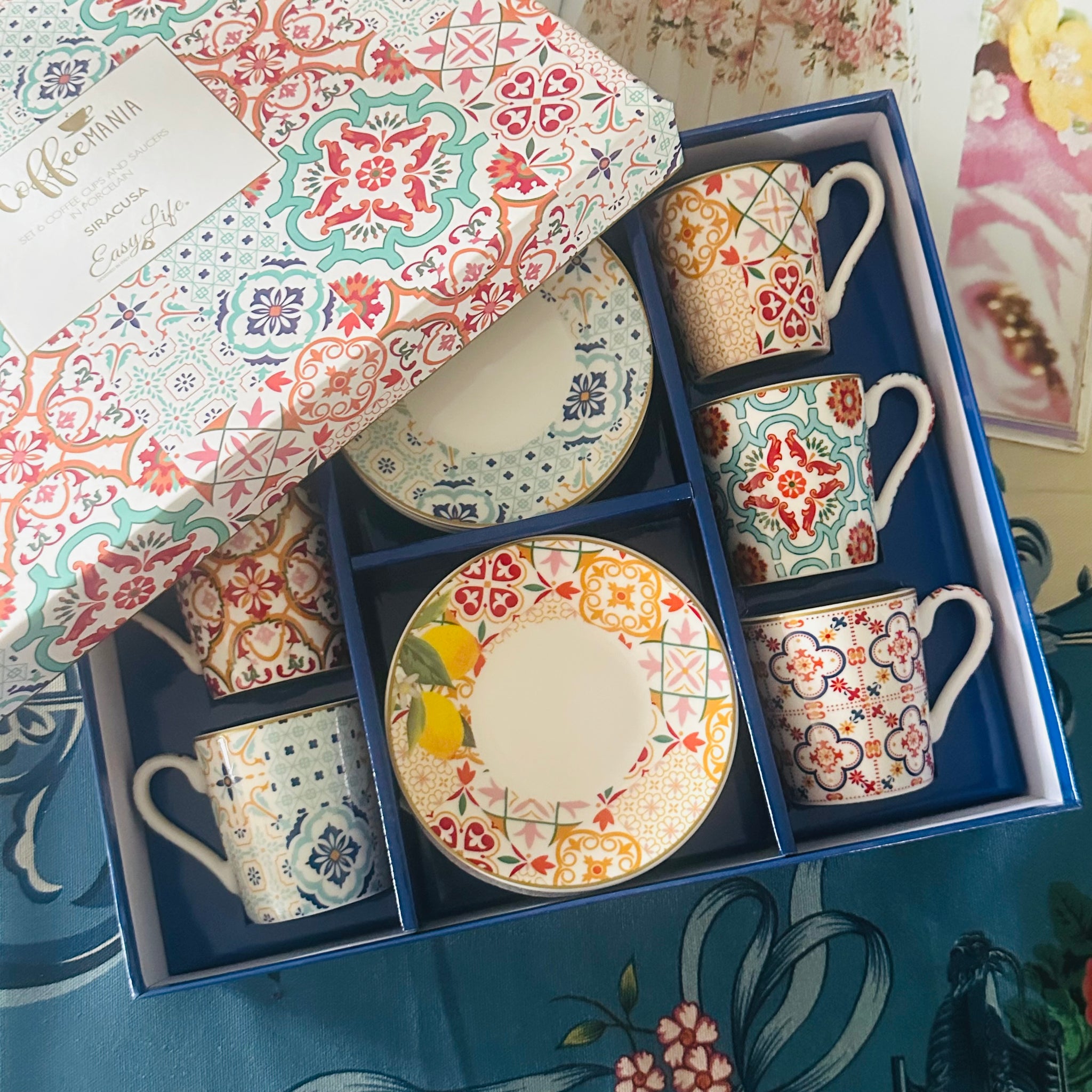 Mediterranean Mosaic Cup & Saucer Set – 12 Pieces