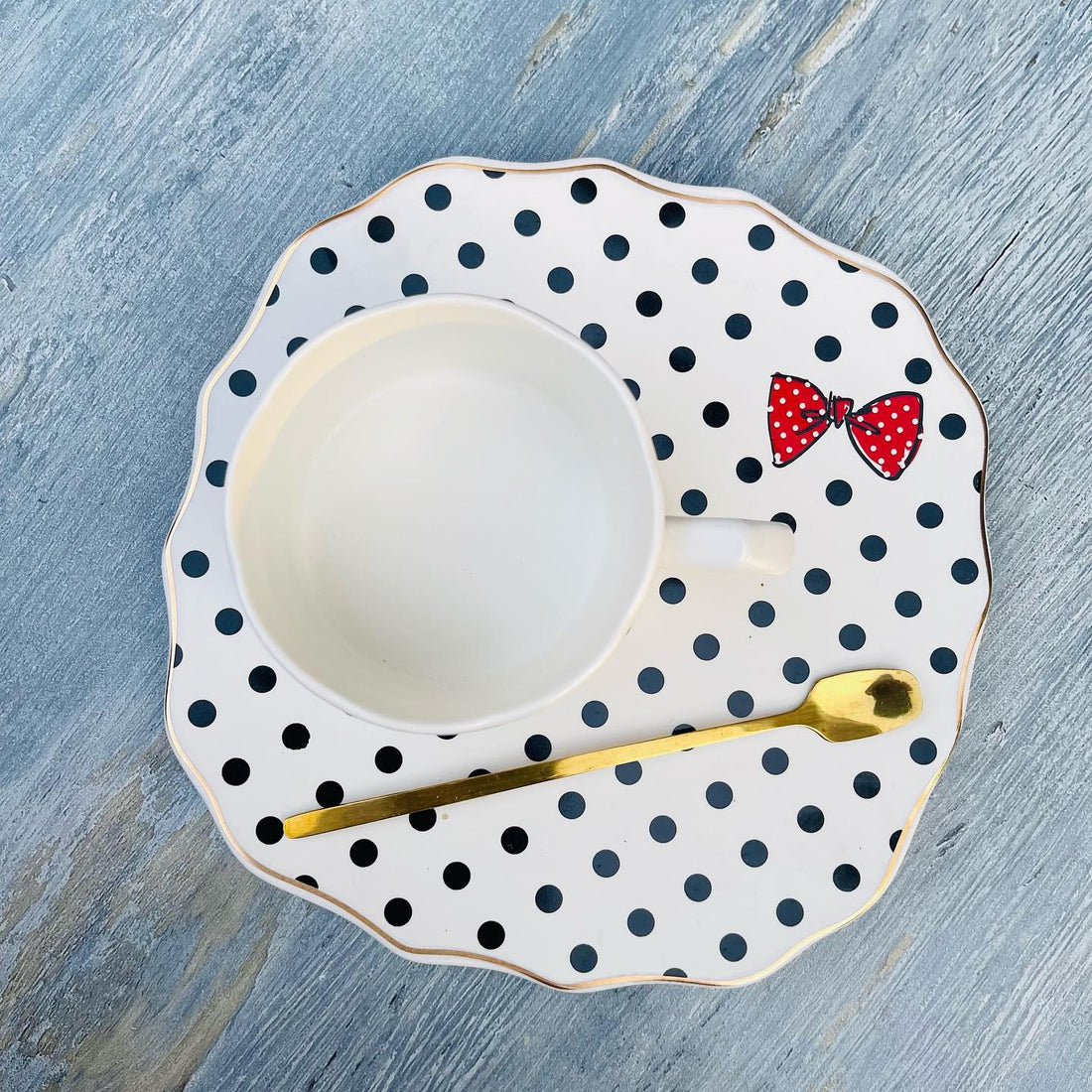 French Mime Cup &amp; Saucer Black Polka Dot Red Bow Tie