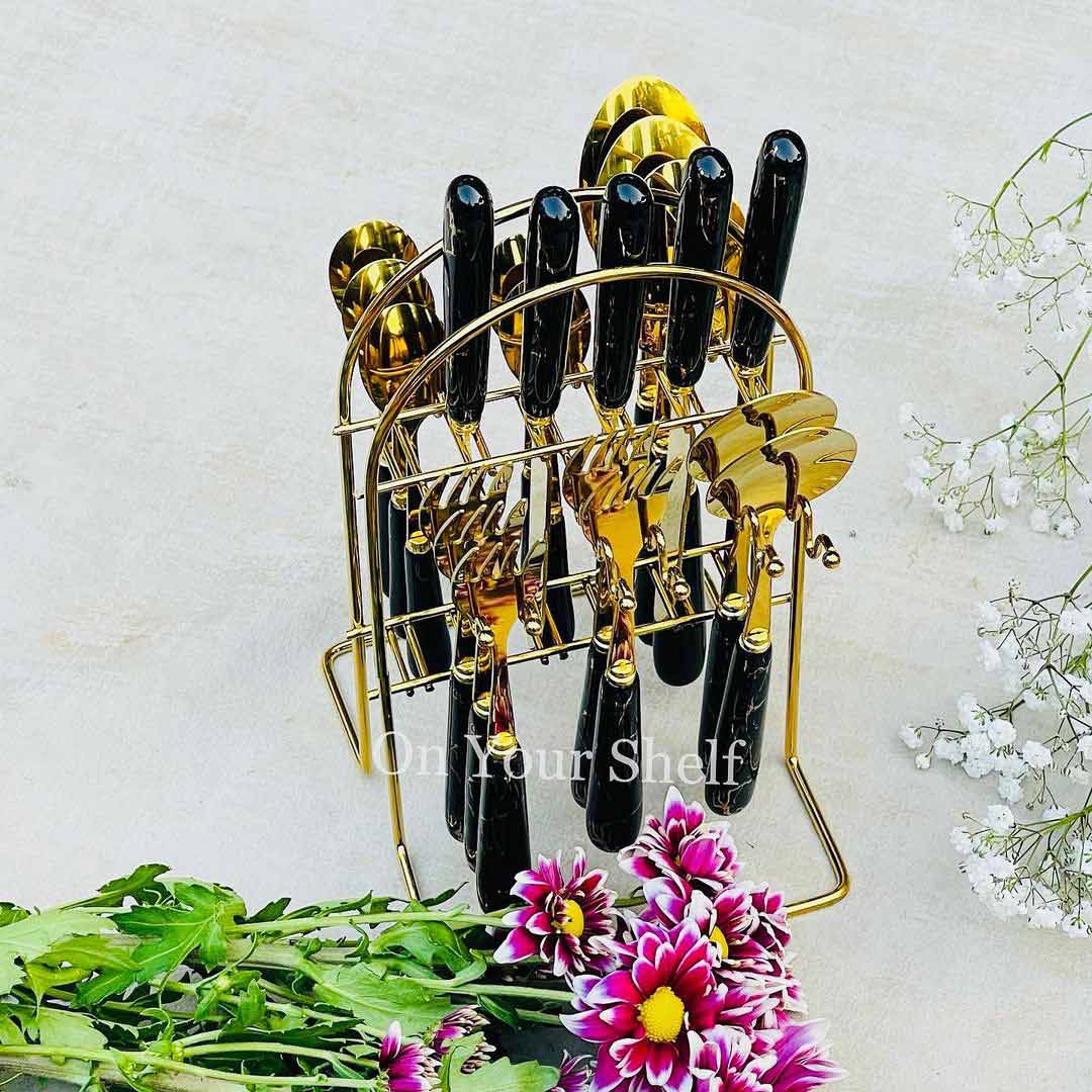 Cutlery Set 24 Piece Gold w/ Ceramic Marble Hilt and Stand-Black