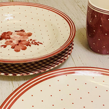 Crimson Checks & Roses – 30-Piece Dinnerware Set