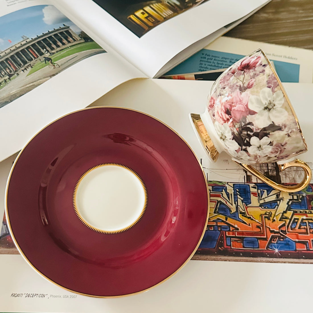 Maroon Whisper Floral (Set of Six Cups & Saucers)