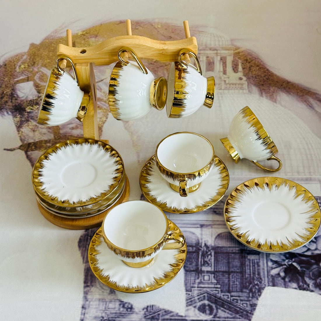 Golden Winged Haven II (set of six cups and saucers with a wooden stand)