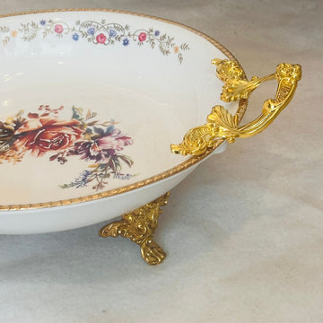 Elegant Floral Porcelain Serving Bowl with Ornate Gold Handles