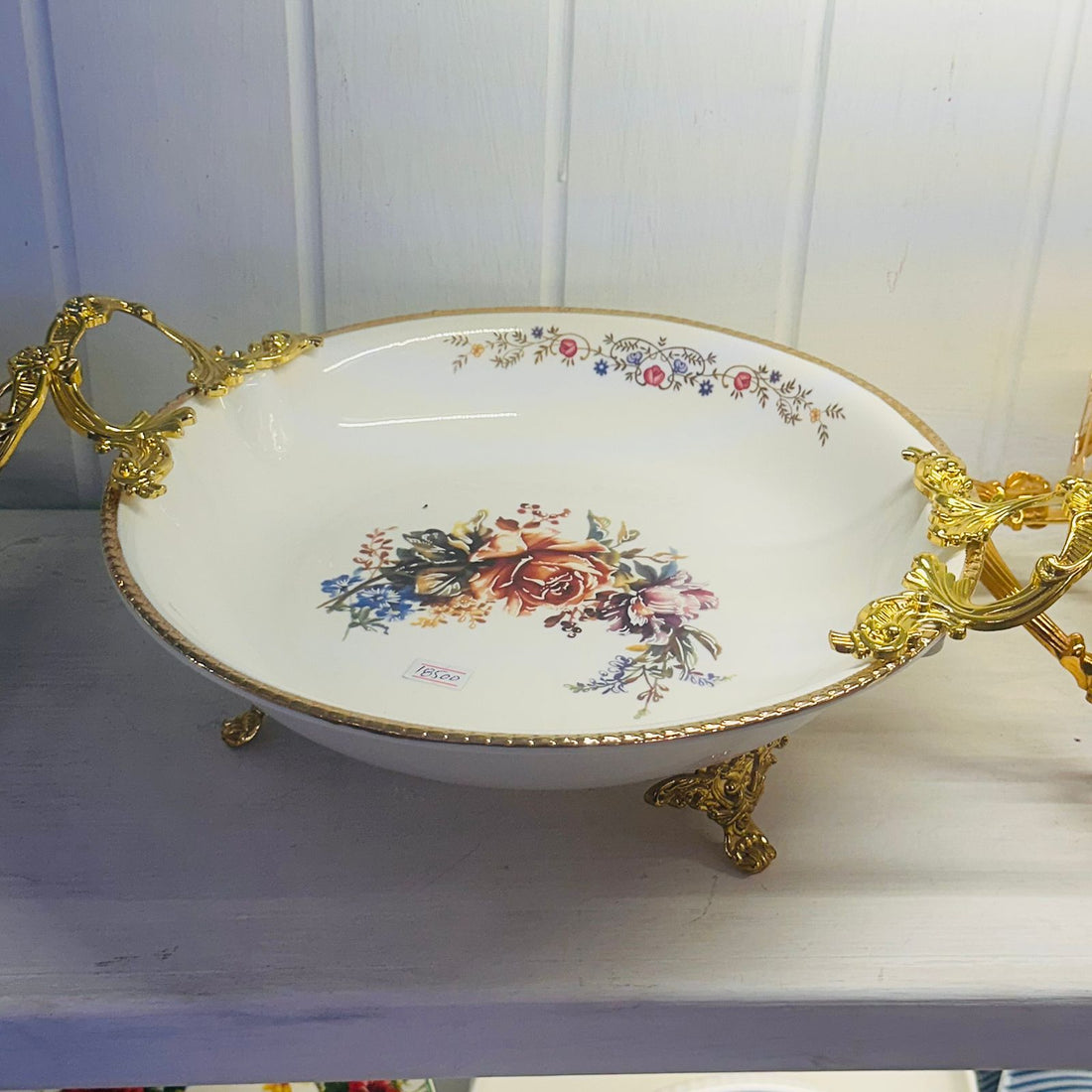 Elegant Floral Porcelain Serving Bowl with Ornate Gold Handles