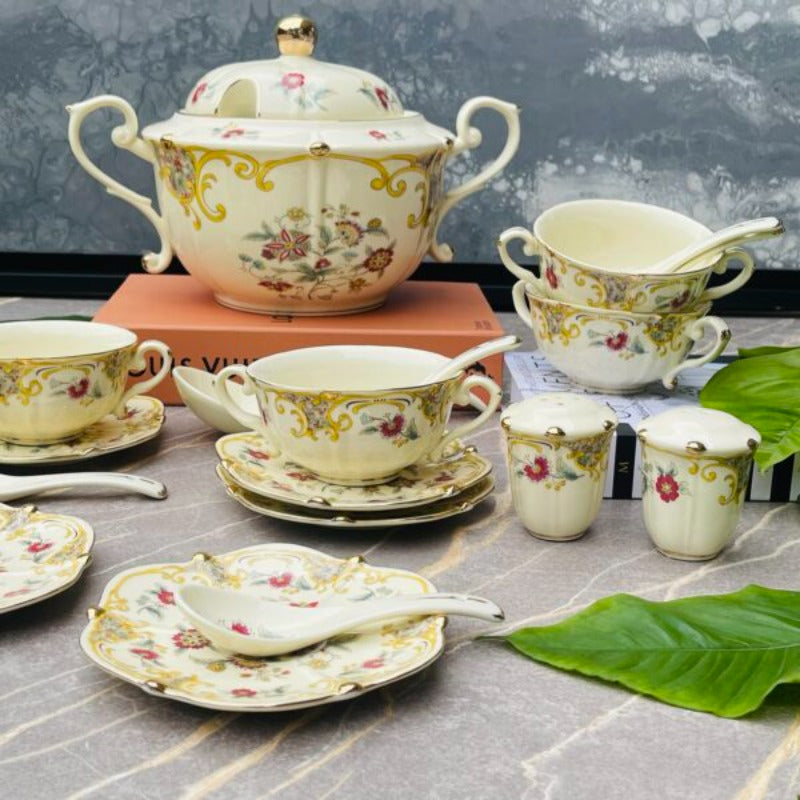 Secret Garden Soup Set Porcelain Beige &amp; Red