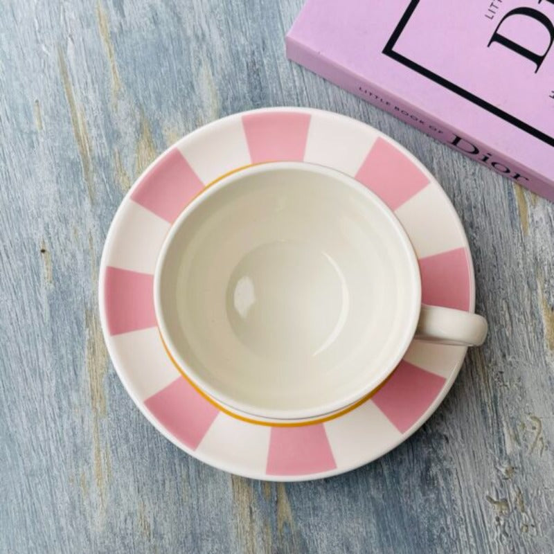 Milano Tea Cups &amp; Saucers Pink &amp; White Stripes (set of six)