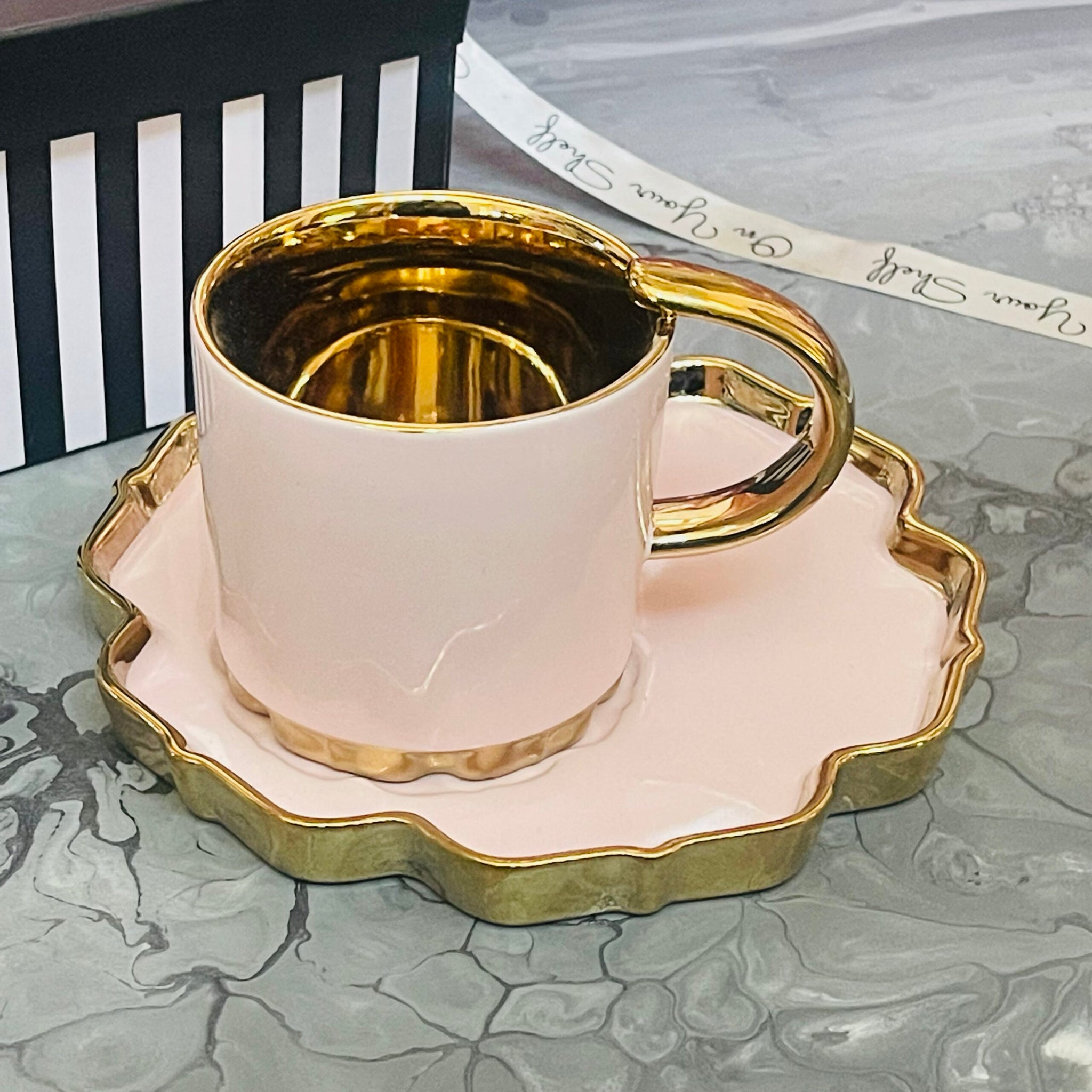 Blush Elegance: Golden Whimsy Cup &amp; Saucer(single cup &amp; saucer)