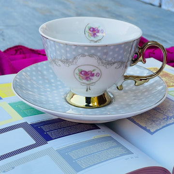 Rose Dotted Elegance: Grey Polka Tea Collection (set of six teacups and saucers)