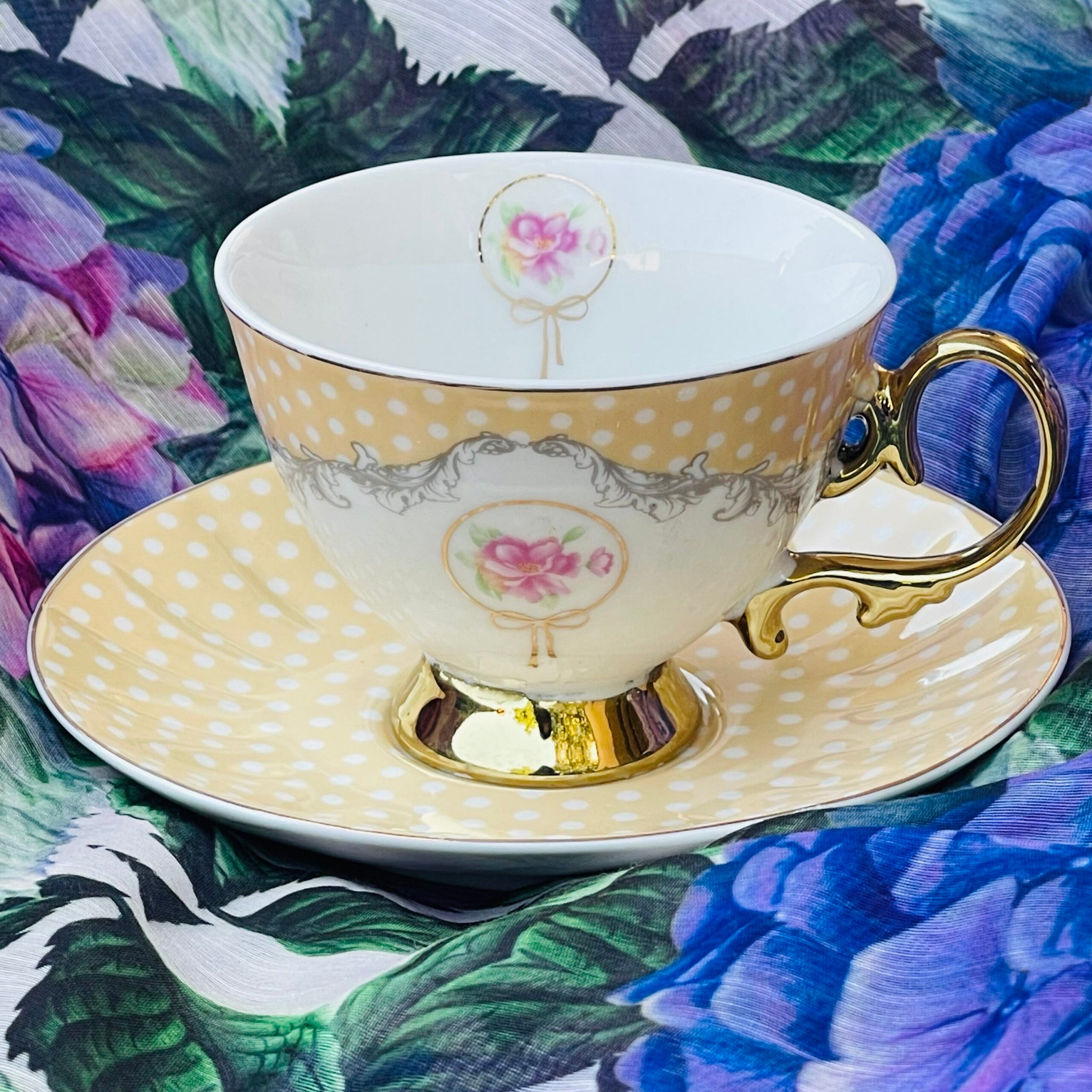 Rose Dotted Elegance: Yellow Polka Tea Collection (set of six teacups and saucers)