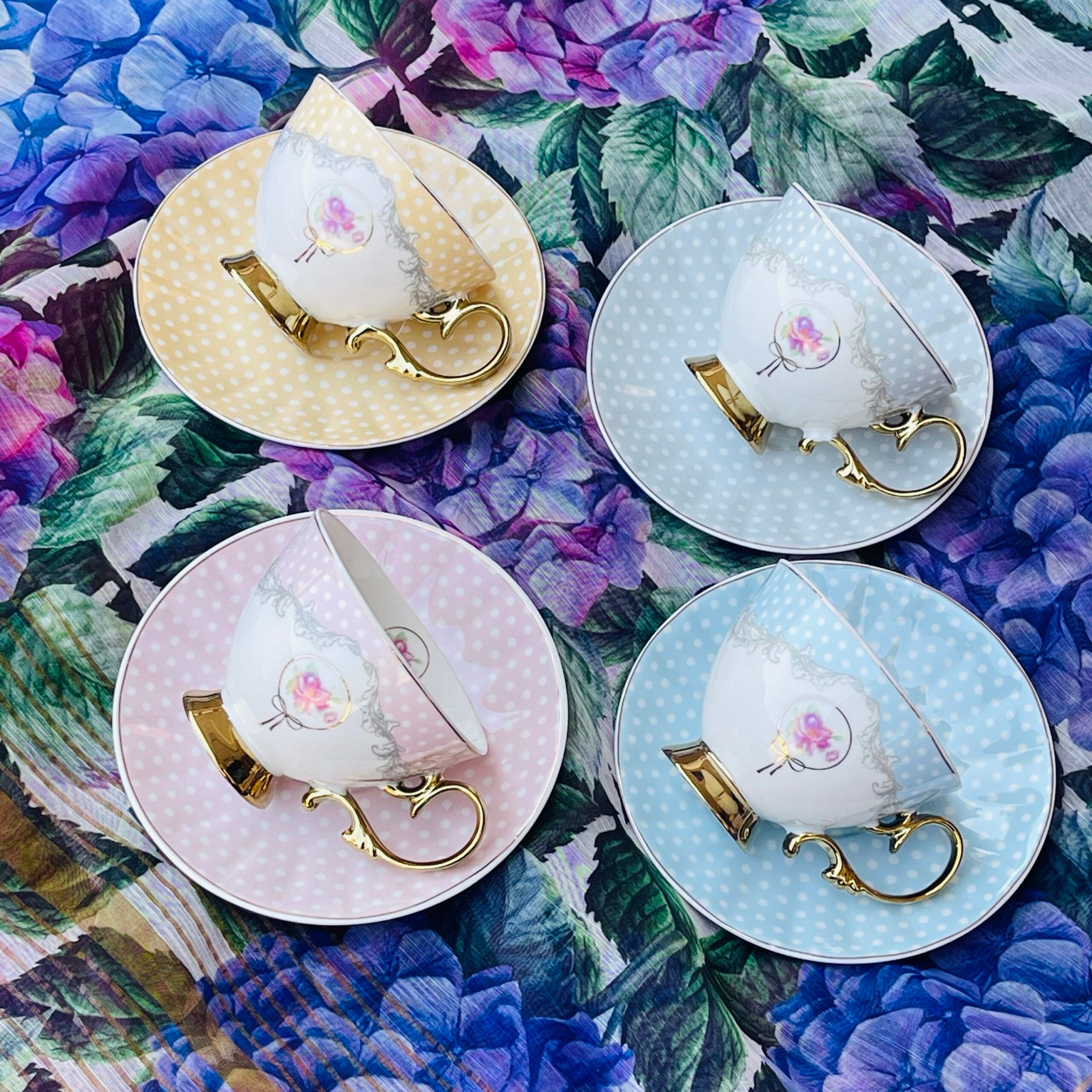Rose Dotted Elegance: Blue Polka Tea Collection (set of six teacups an