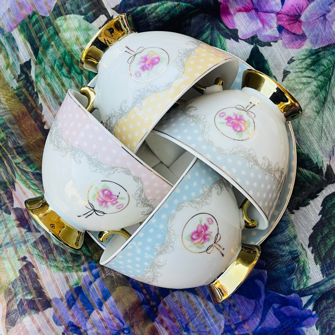 Rose Dotted Elegance: Blue Polka Tea Collection (set of six teacups and saucers)