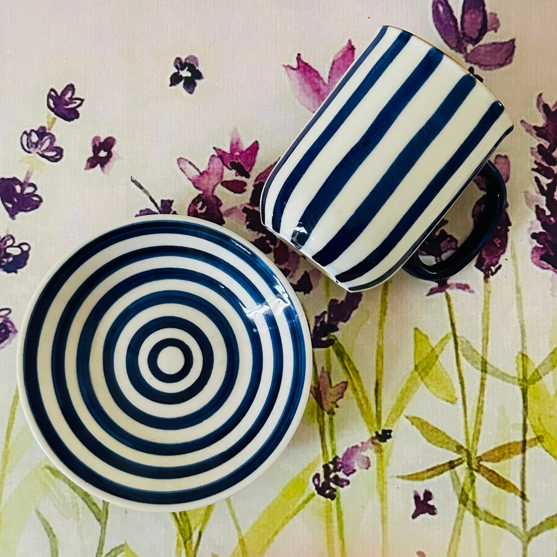 Blue &amp; White Striped Mug &amp; Saucer (single)